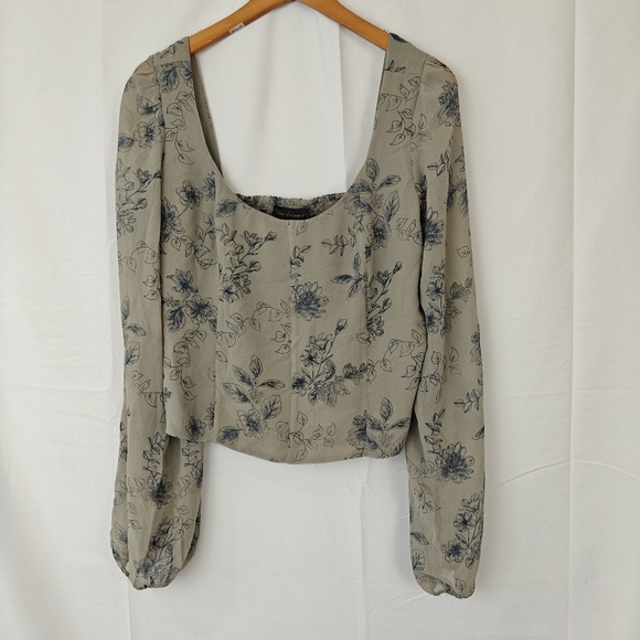 House of Harlow 1960 Long Mesh Sleeve Bustier Blouse Grey Blue Floral Size M - Picture 4 of 11
